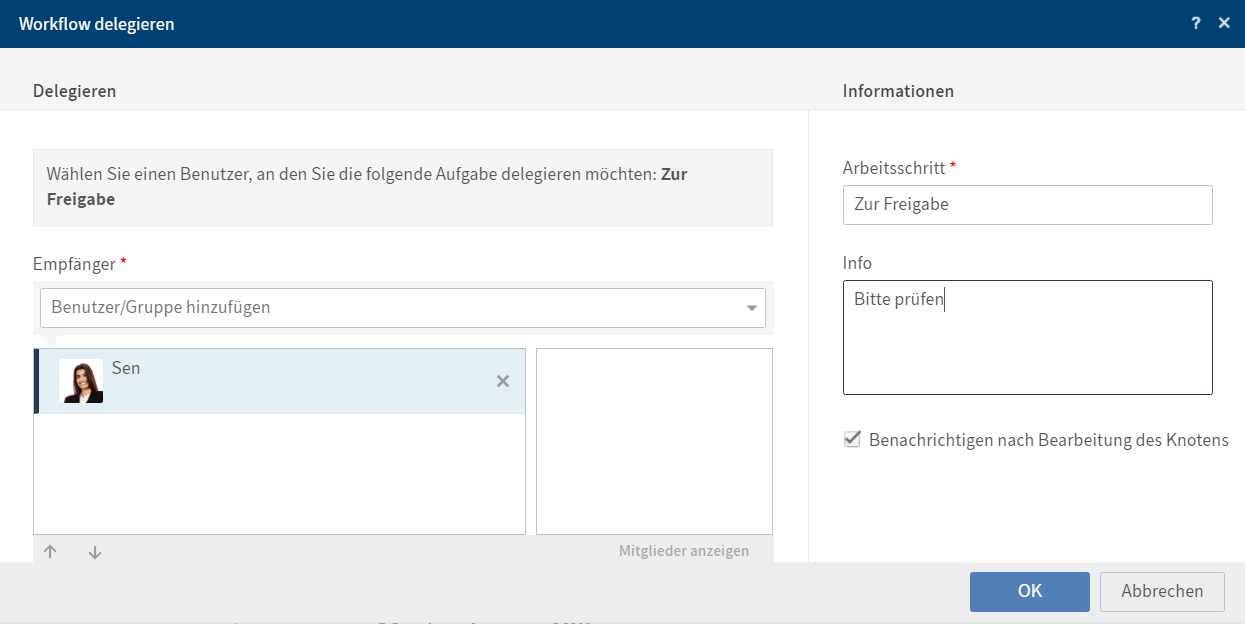 Dialog 'Workflow delegieren'