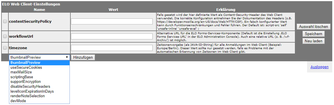 ELO Web Client-Einstellungen mit unterschiedlichen Optionen