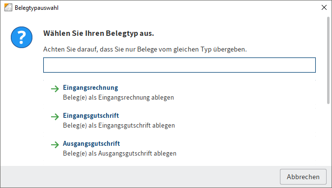 Dialog 'Belegtypauswahl'