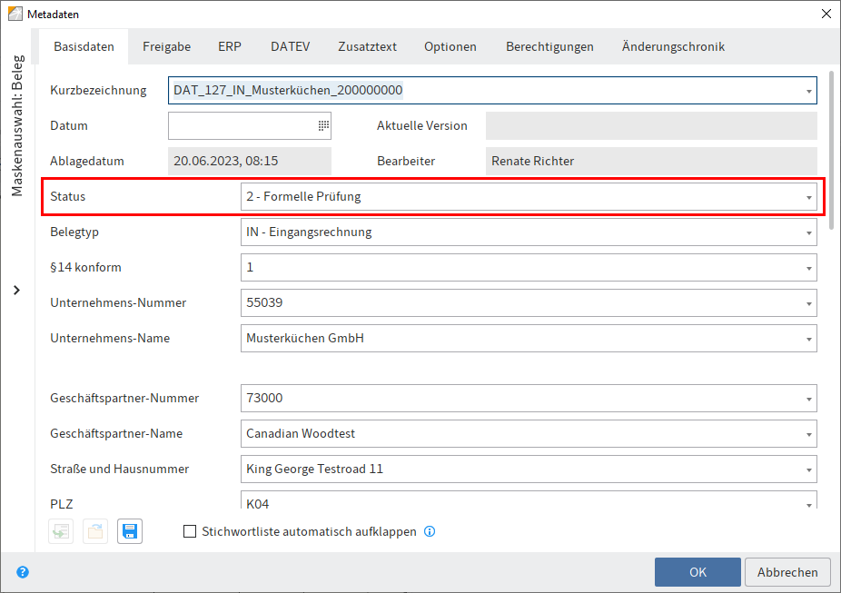 Status im Dialog 'Metadaten'