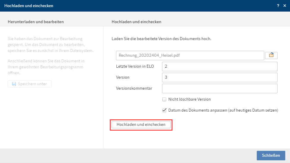 Dialog 'Hochladen und einchecken' mit ausgewähltem Dokument