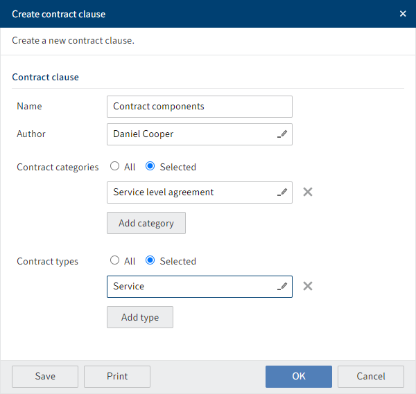 'Create contract clause' dialog box