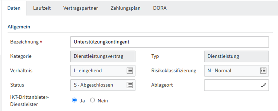 Formular; Tab 'Daten'; Option 'IKT-Drittanbieter-Dienstleister' mit 'Ja' aktiviert