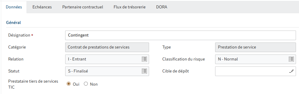 Formulaire; onglet 'Données'; option 'Prestataire de services TIC tiers' activée avec 'Oui'