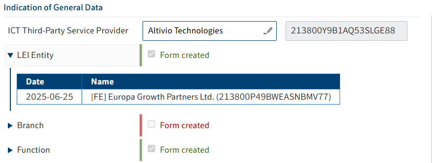 'General data' area; expanded header 'LEI company' with table with date and name of object