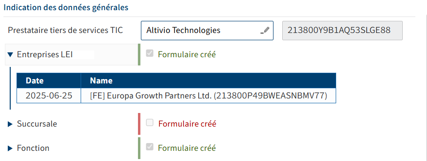 Section "Données générales"; rubrique "Entreprises LEI" développée, avec un tableau indiquant la date et le nom de l'objet