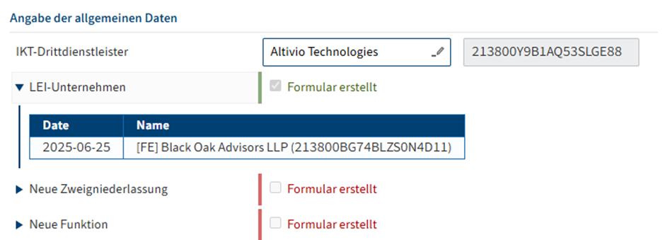 Bereich 'Angabe der allgemeinen Daten'; aufgeklappte Überschrift 'LEI-Unternehmen' mit Tabelle mit Datum und Name des Objekts