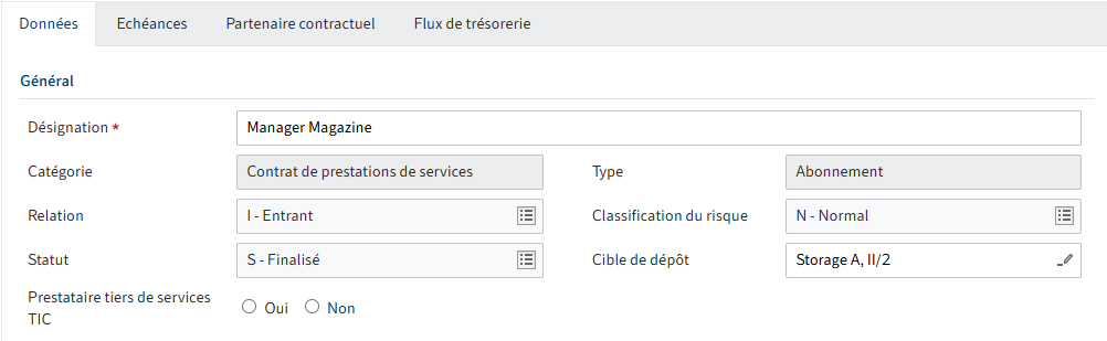 Formulaire; onglet 'Données'; section 'Général'; option 'Prestataire de services TIC tiers' avec les options 'Oui' et 'Non'