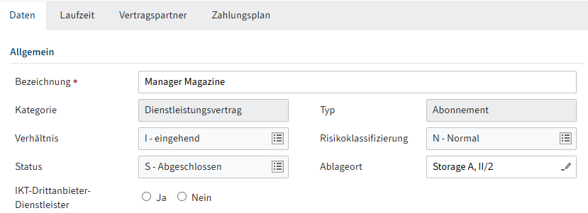 Formular; Tab 'Daten'; Bereich 'Allgemein'; Option 'IKT-Drittanbieter-Dienstleister' mit Optionen 'Ja' und 'Nein'
