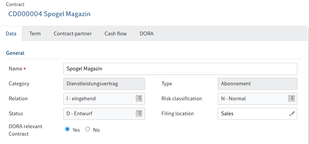 Form; 'Data' tab; 'General' area; 'ICT third-party provider' option with 'Yes' and 'No'