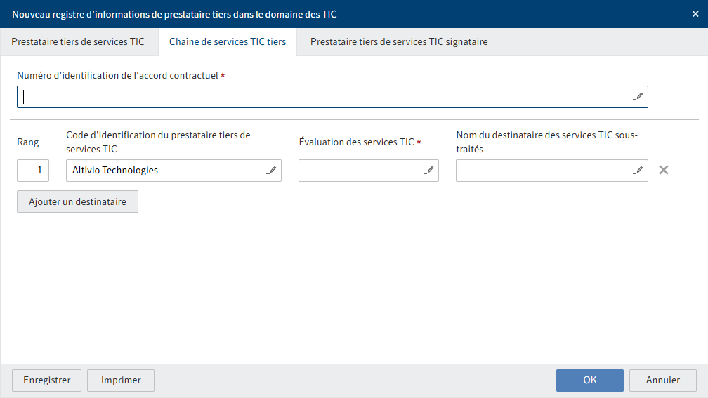 Dialogue 'Nouveau registre des informations pour les prestataires de services TIC tiers'; onglet 'Chaîne de prestations de services TIC tiers'