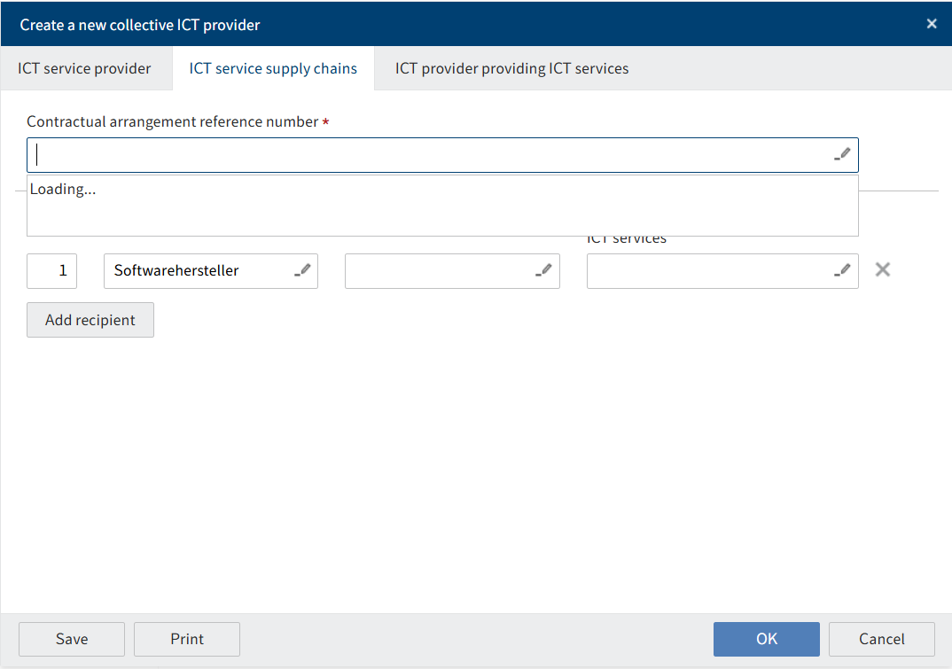 'New ICT third-party provider register of information' dialog box; 'ICT service supply chain' tab