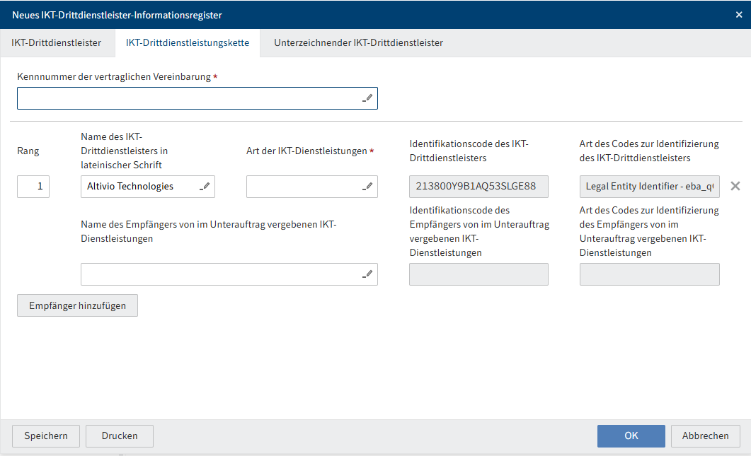 Dialog 'Neues IKT-Drittdienstleister-Informationsregister'; Tab 'IKT-Drittdienstleistungskette'