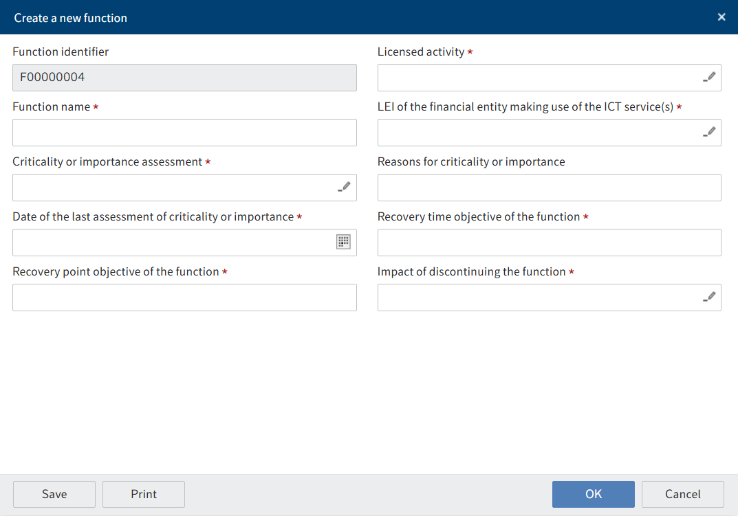 'New function' dialog box