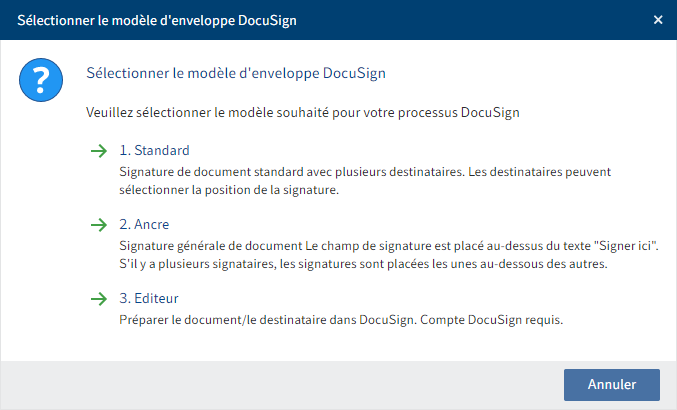 Dialogue 'Sélectionner un modèle d'enveloppe DocuSign'