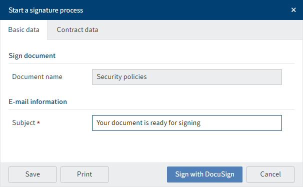 'Start a signature process' dialog box