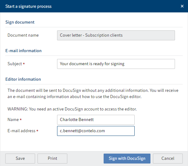 'Start a signature process' dialog box