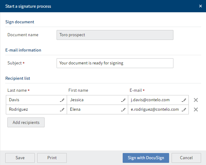 'Start a signature process' dialog box