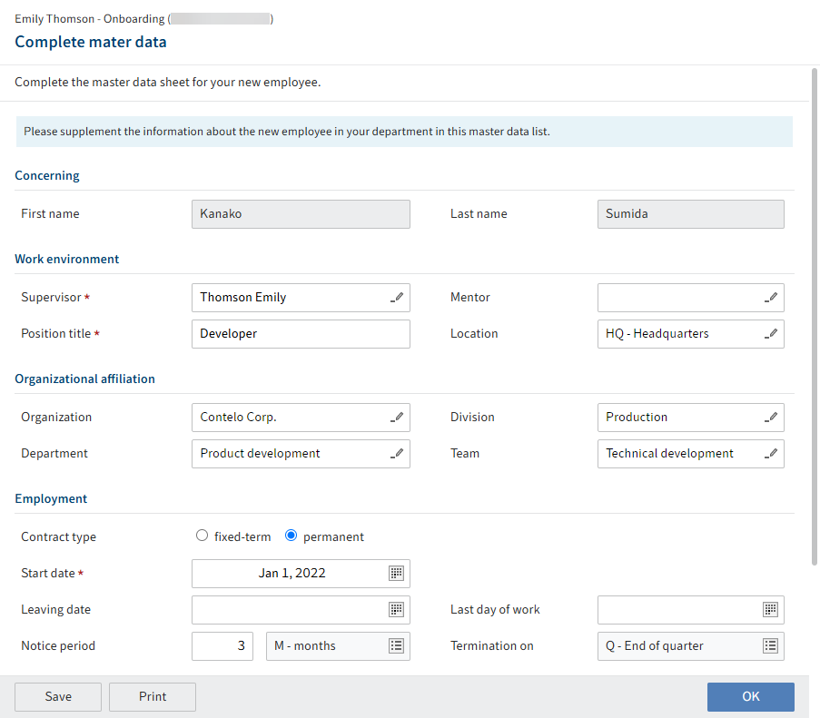 'Complete master data' form