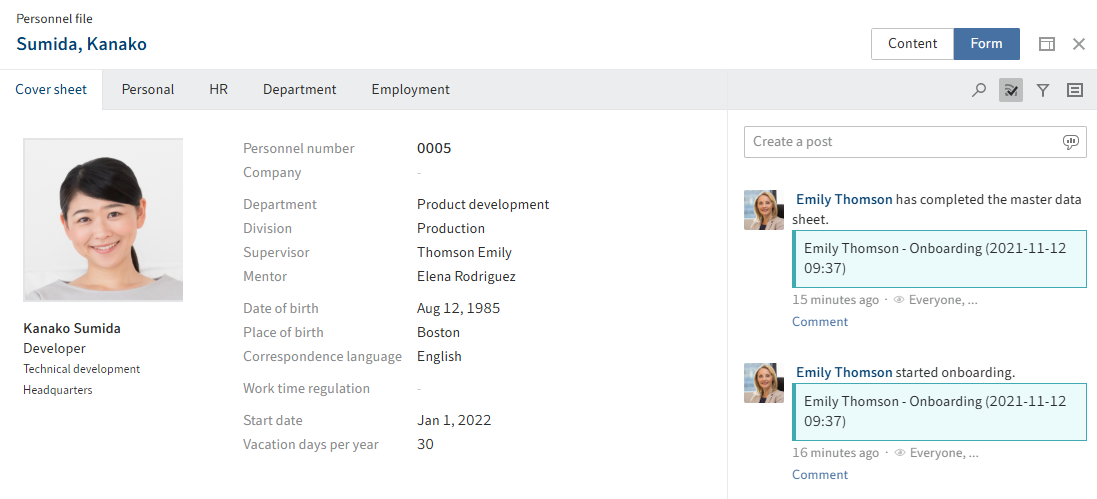 'Cover sheet' tab in the personnel file