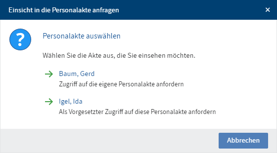 Dialog 'Einsicht in die Personalakte anfragen'