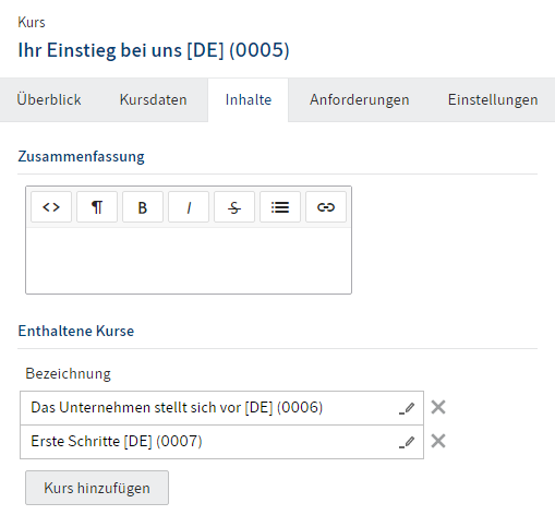 'Enthaltene Kurse' im Tab 'Inhalte'