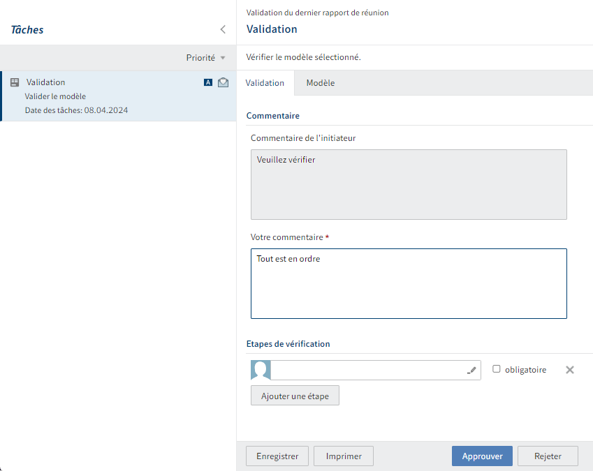 Processus de validation dans la section des tâches