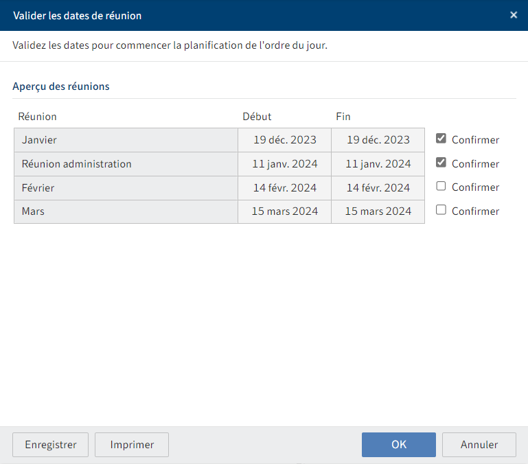 Dialogue 'Valider les dates de réunion'