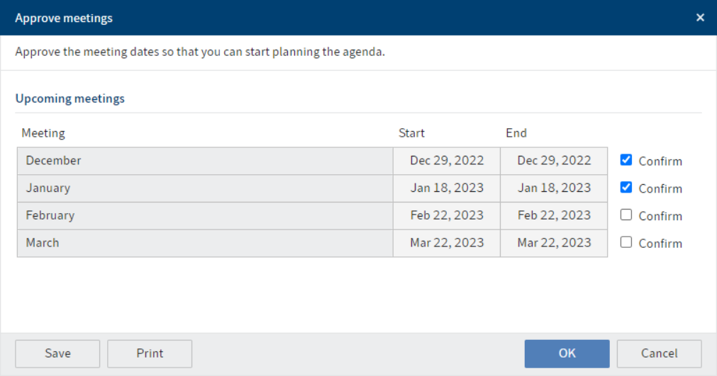 'Approve meetings' dialog box