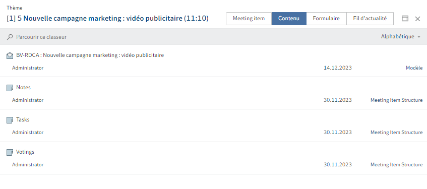 Onglet 'Contenu' d'un point de l'ordre du jour