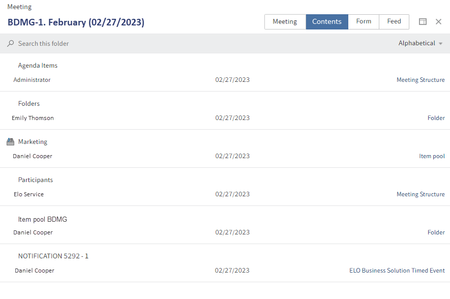 'Contents' tab of a meeting