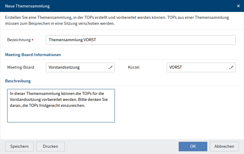 Dialog 'Neue Themensammlung'