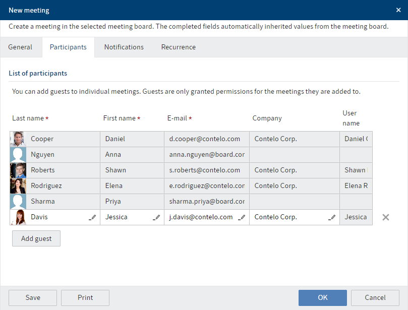 'New meeting' dialog box, 'Participants' tab