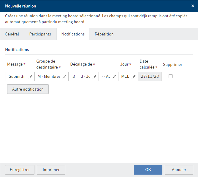 Dialogue 'Nouvelle réunion', onglet 'Notifications'