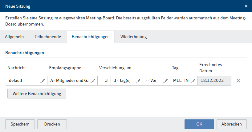 Dialog 'Neue Sitzung', Tab 'Benachrichtigungen'