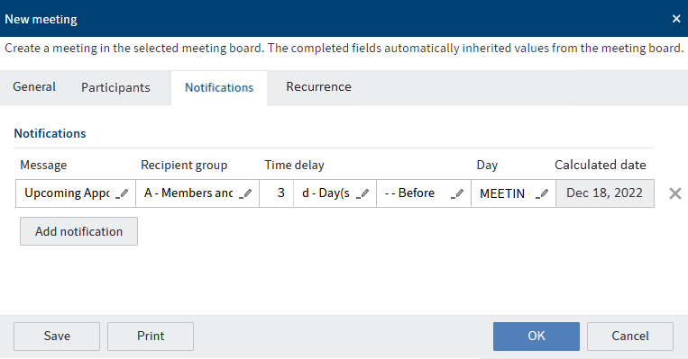 'New meeting' dialog box, 'Notifications' tab