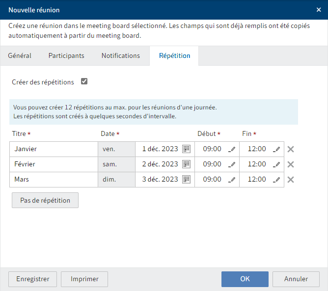 Dialogue 'Nouvelle réunion', onglet 'Répétition'