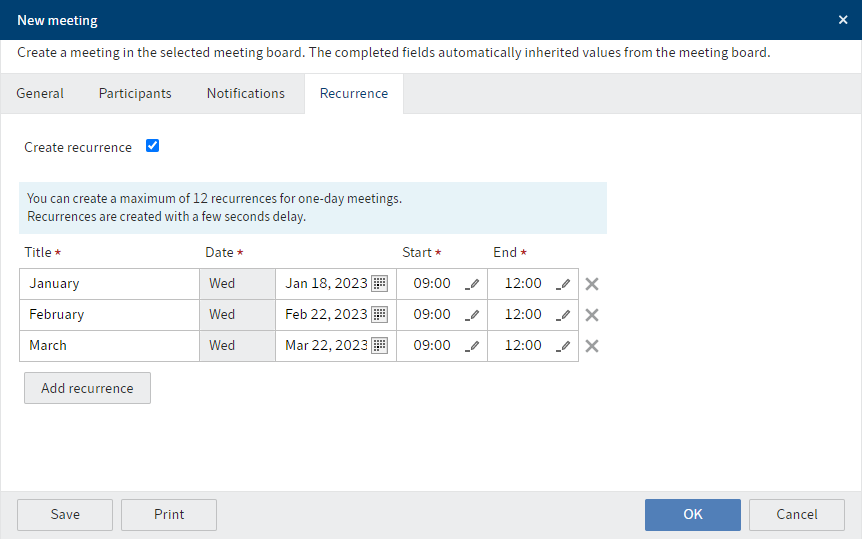 'New meeting' dialog box, 'Recurrence' tab