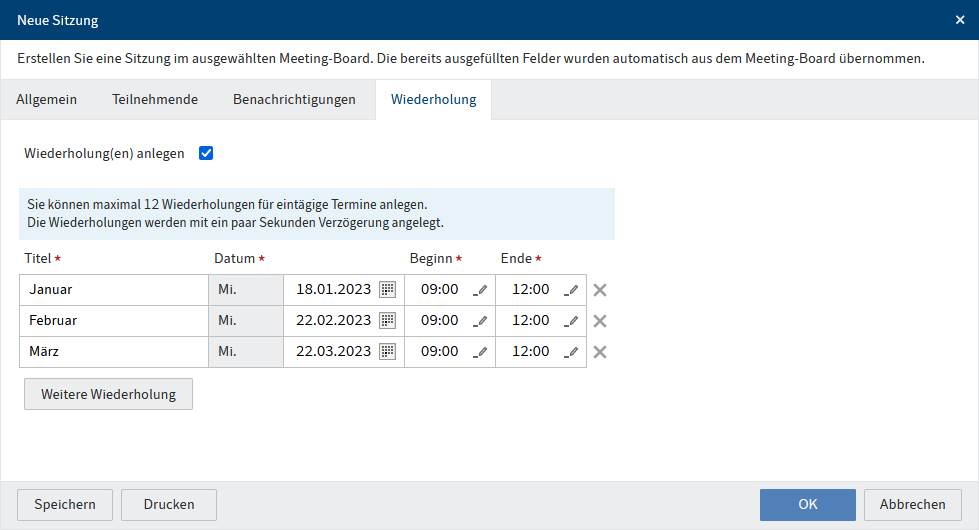 Dialog 'Neue Sitzung', Tab 'Wiederholung'