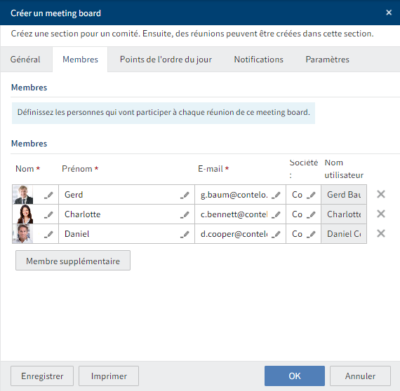 Dialogue 'Créer un meeting board', onglet 'Membres'