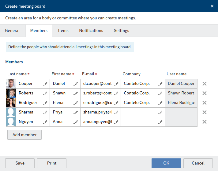 'Create meeting board' dialog box, 'Members' tab