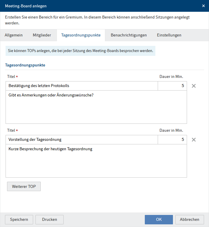 Dialog 'Meeting-Board anlegen', Tab 'Tagesordnungspunkte'