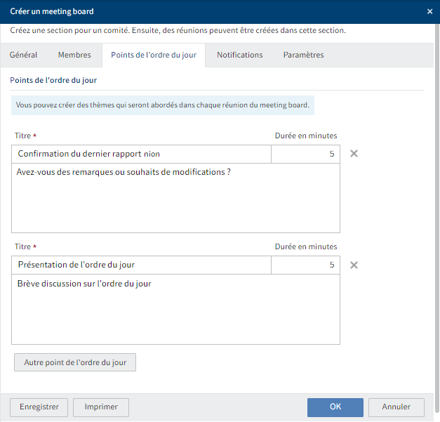 Dialogue 'Créer un meeting board', onglet 'Points de l'ordre du jour'
