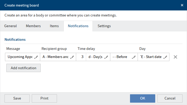 'Create meeting board' dialog box, 'Notifications' tab