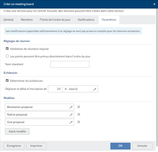 Dialogue 'Créer un meeting board', onglet 'Réglages'