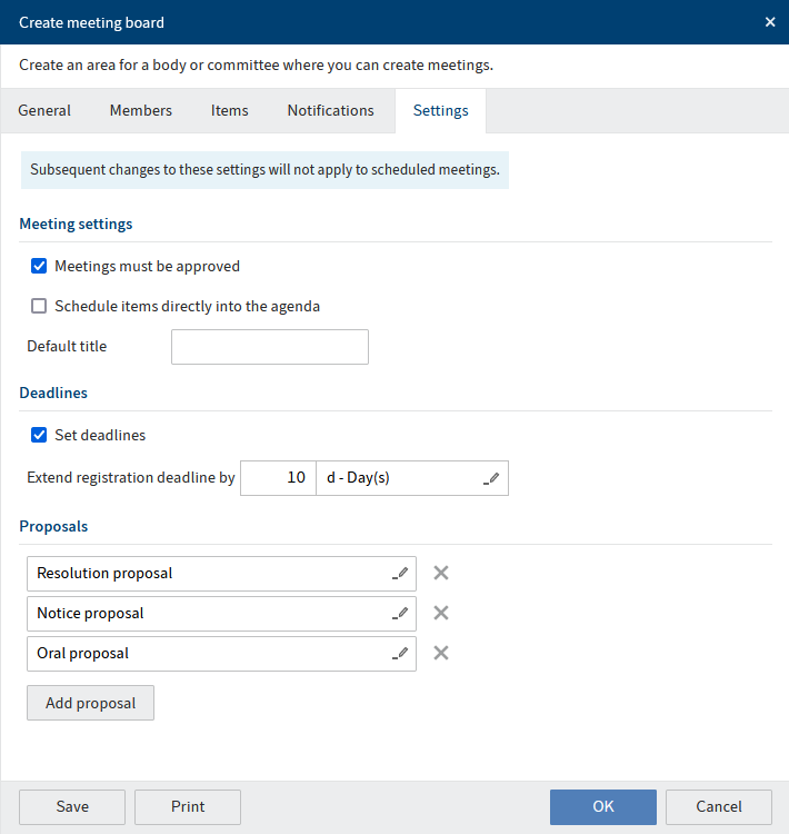 'Create meeting board' dialog box, 'Settings' tab