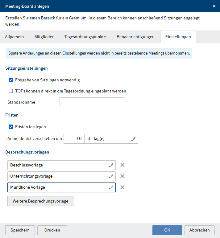 Dialog 'Meeting-Board anlegen', Tab 'Einstellungen'