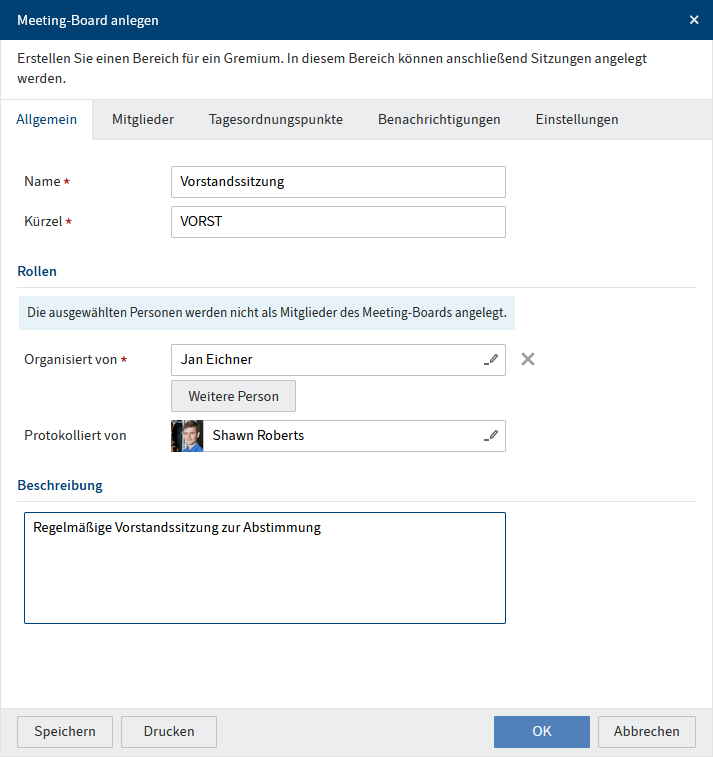 Dialog 'Meeting-Board anlegen', Tab 'Allgemein'