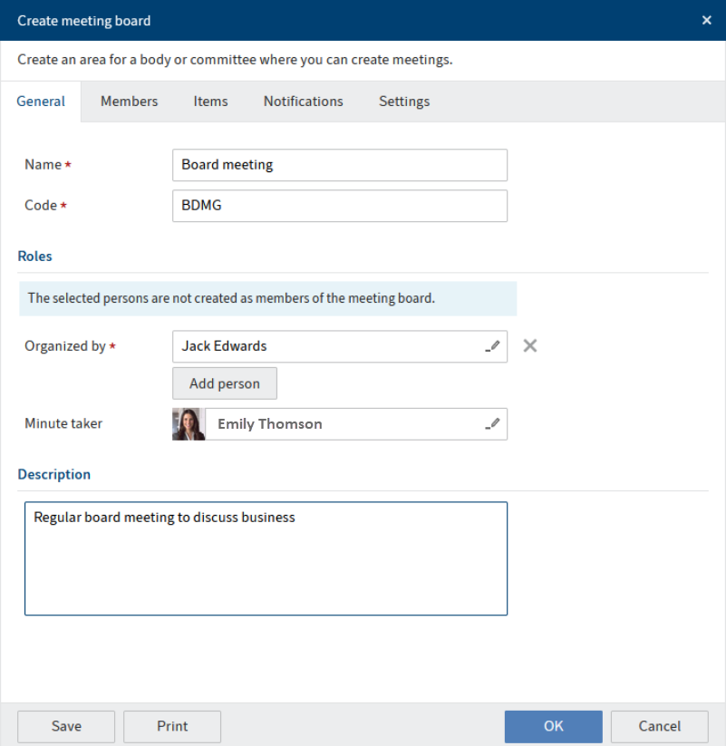 'Create meeting board' dialog box, 'General' tab