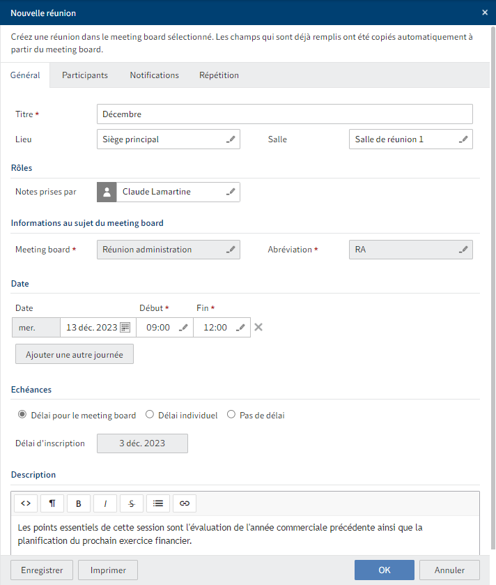 Dialogue 'Nouvelle réunion', onglet 'Général'